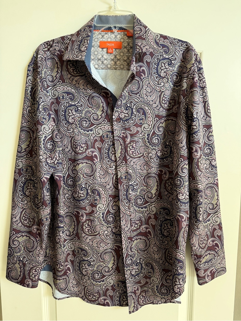 TALLIA Men’s Paisley Button-Down Shirt in Burgundy and Cream